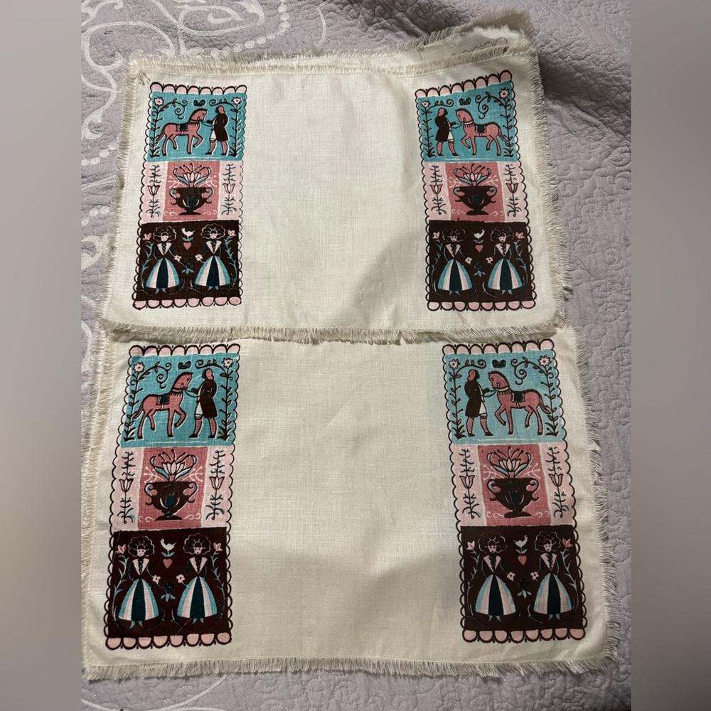 Set 4 vintage mid century modern penn dutch pink turquoise table linens
